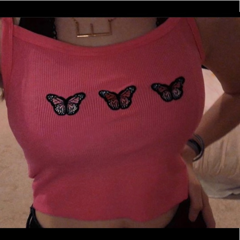 cropped pink tank top with 3 pink butterflies